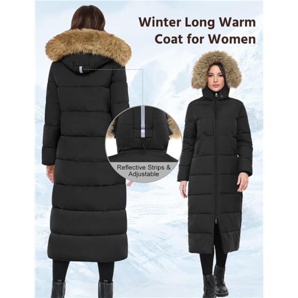 Women's Long Winter Puffer Coat Faux Fur Quilted Jacket with Detachable Hood - Picture 4 of 6